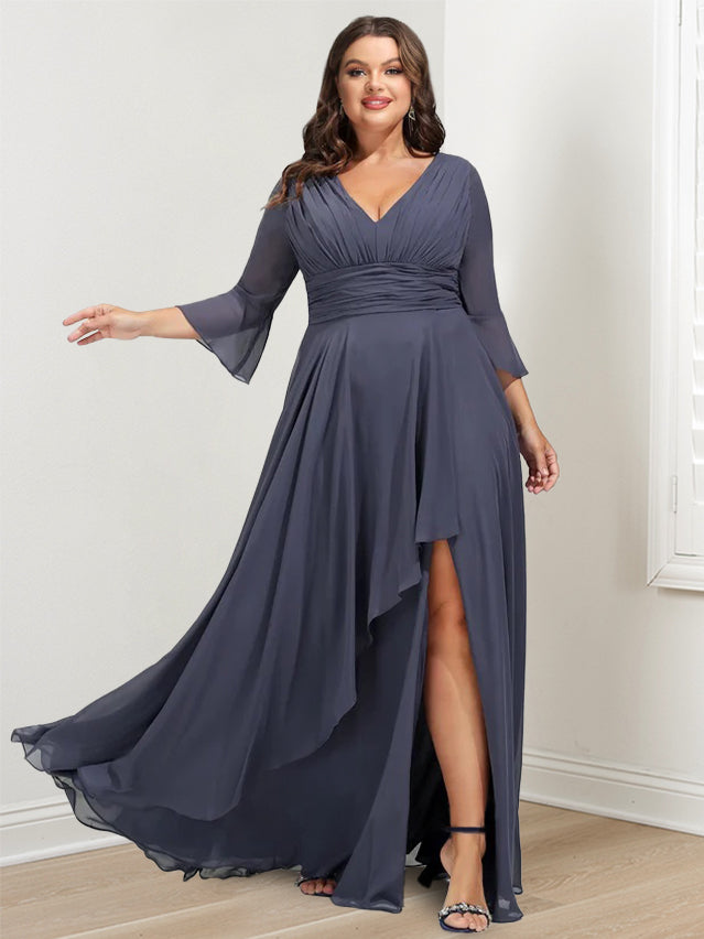 A-Line/Princess V-Neck 3/4 Length Sleeves Asymmetrical Plus Size Mother Of The Bride Dresses With Ruffles BabaMila