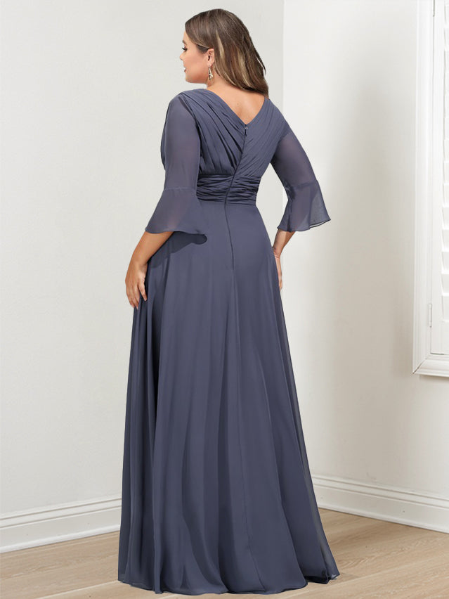 A-Line/Princess V-Neck 3/4 Length Sleeves Asymmetrical Plus Size Mother Of The Bride Dresses With Ruffles BabaMila
