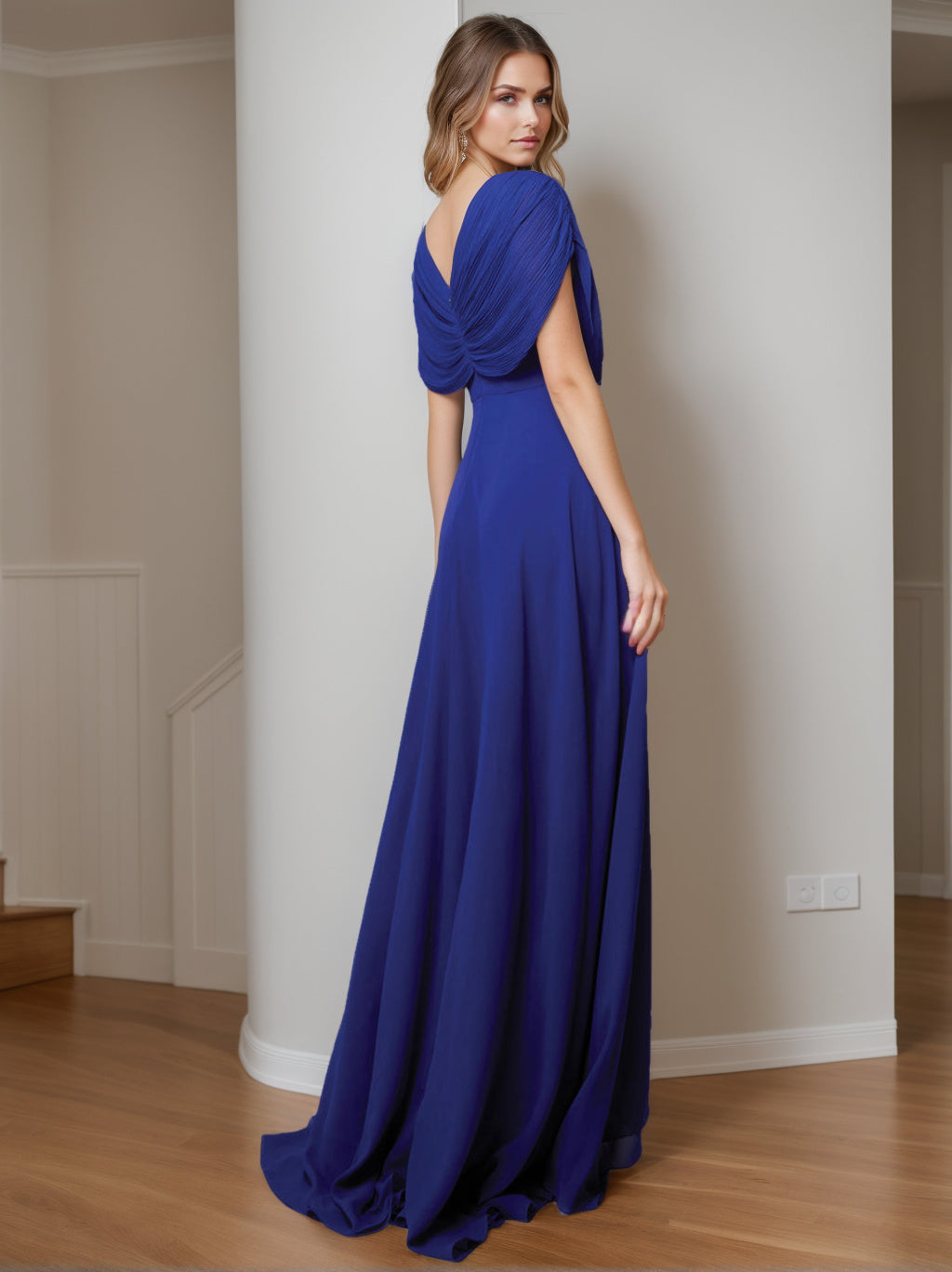 A-Line/Princess V-Neck Short Sleeves Asymmetrical Prom Evening Dresses with Split Side/Beaded BabaMila