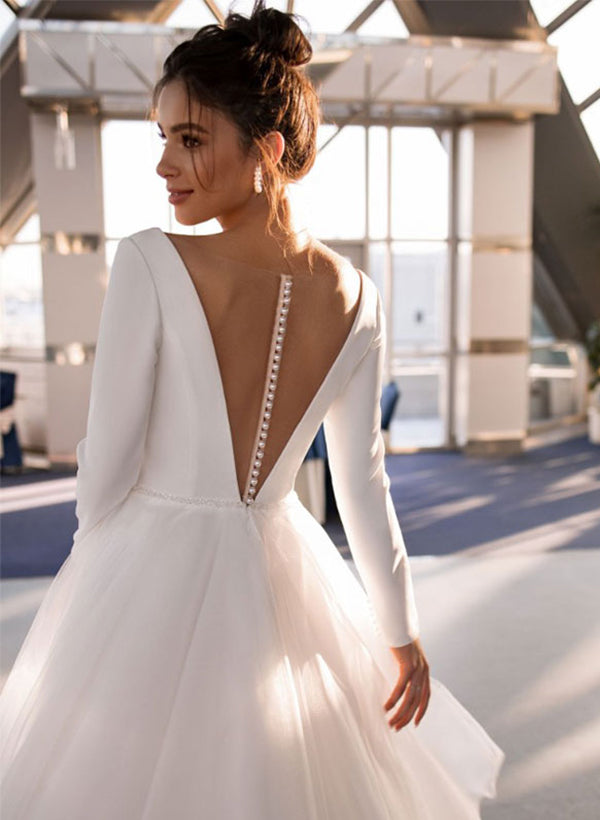A-Line/Princess V-Neck Tea-Length Wedding Dress With Beading BabaMila