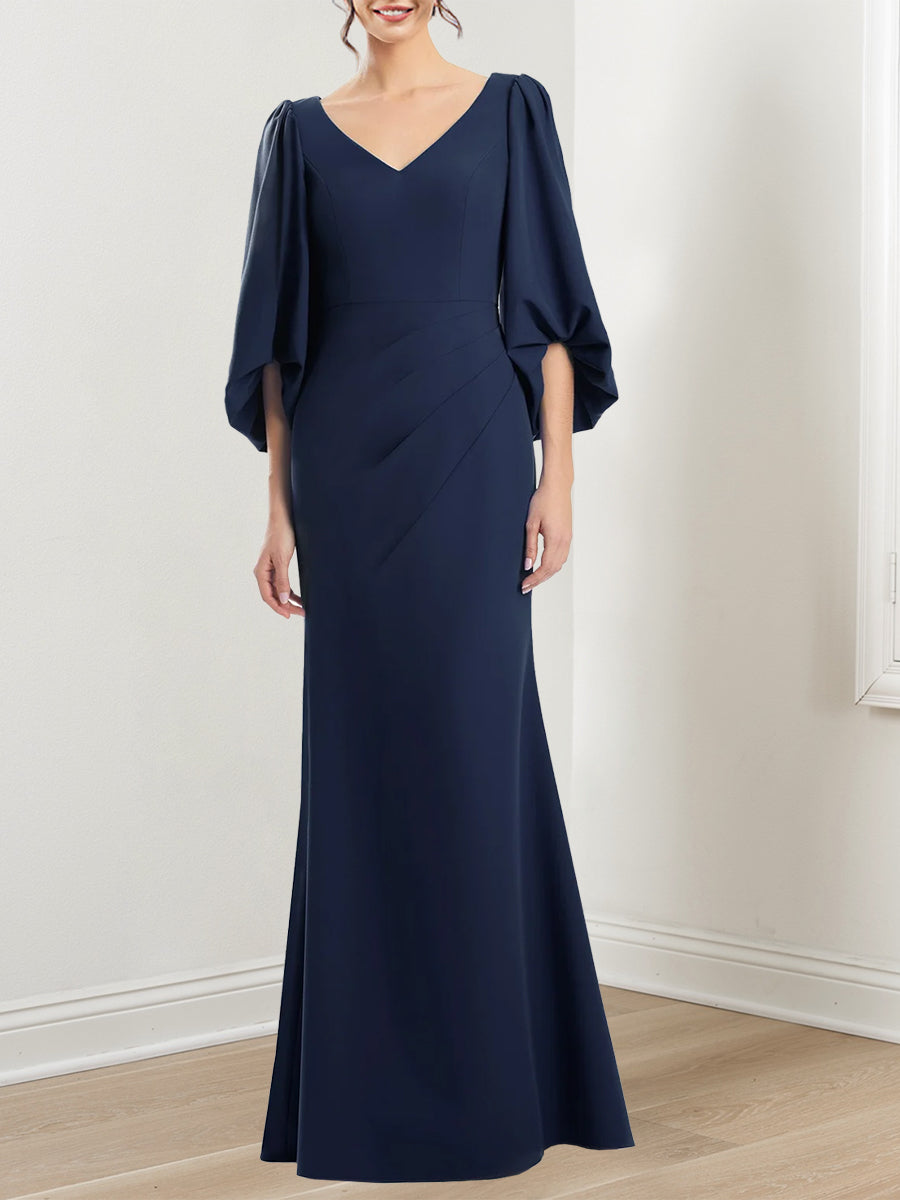 Trumpet/Mermaid V-Neck 3/4 Sleeves Mother Of The Bride Dresses With Ruffles BabaMila