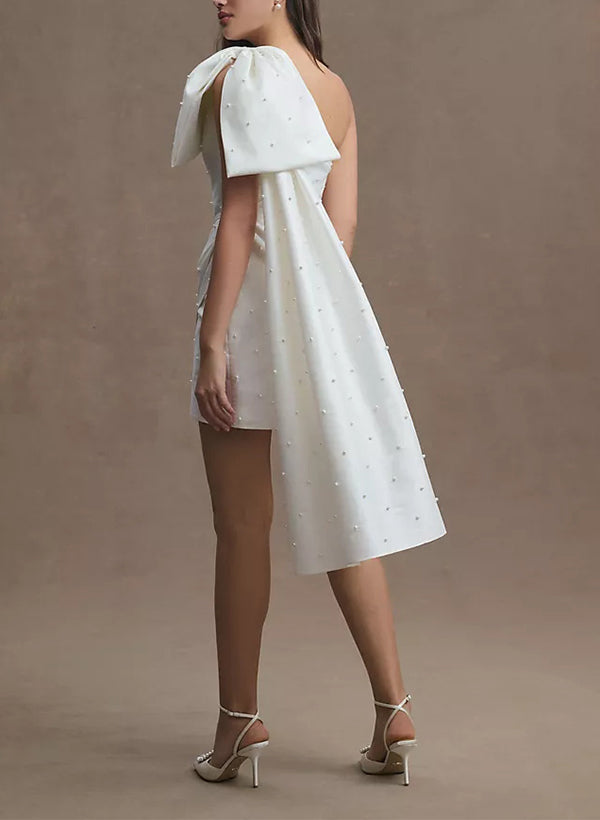 Sheath/Column One-Shoulder Mini Wedding Dress With Beading Bow BabaMila