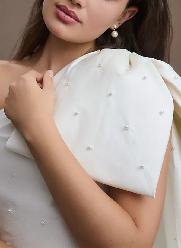 Sheath/Column One-Shoulder Mini Wedding Dress With Beading Bow BabaMila