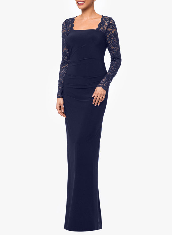 Sheath/Column Square Neck Floor Length Long Sleeve Mother Of The Bride Dresses Jersey With Lace BabaMila