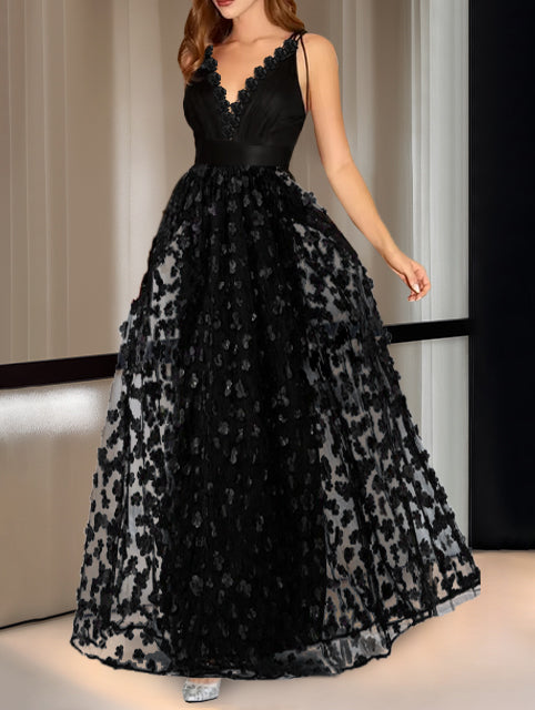 A-Line/Princess V-Neck Sleeveless Ankle Length Evening Dresses with Embroidery BabaMila