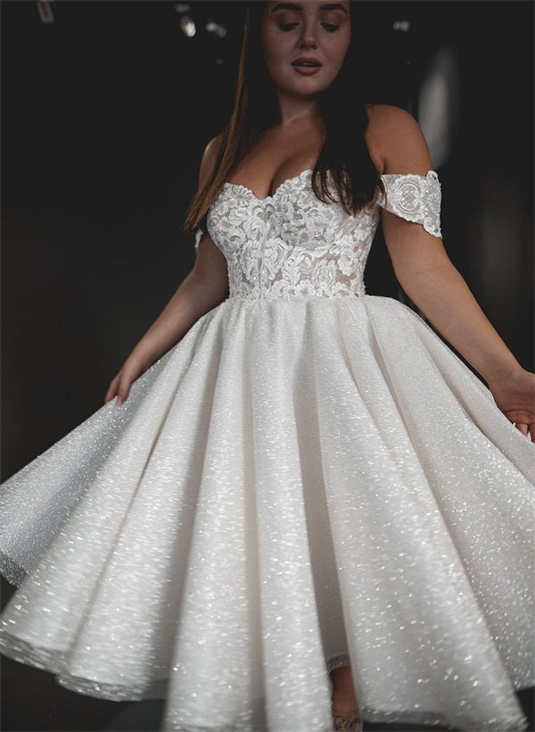 A-Line/Princess Off-the-Shoulder Tea-Length Sequined Lace Appliques Wedding Dress BabaMila