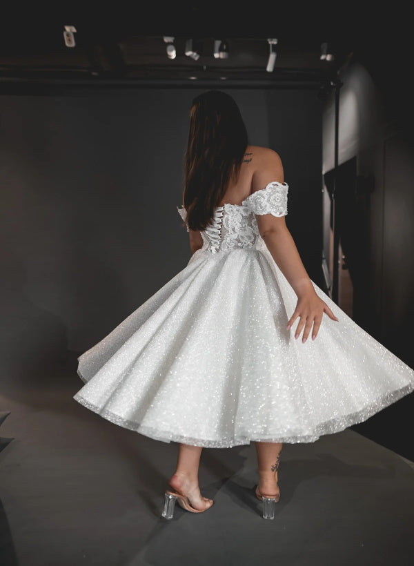 A-Line/Princess Off-the-Shoulder Tea-Length Sequined Lace Appliques Wedding Dress BabaMila