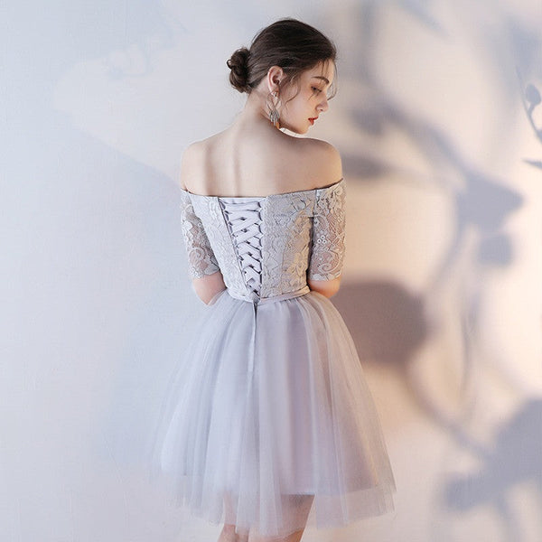 Homecoming Dress Silver Short Sleeve Lace Short Prom Dress Party Dress Homecoming Dress BabaMila
