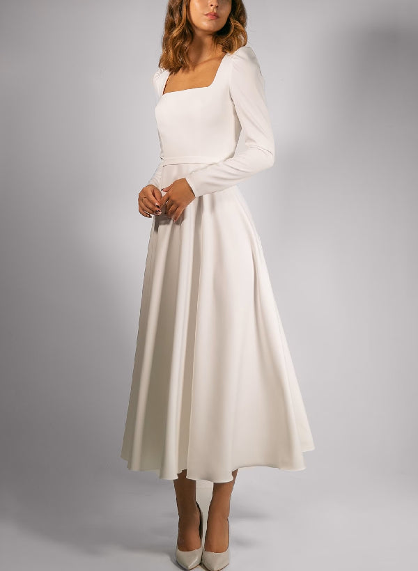 A-Line/Princess Square Tea-Length Wedding Dress With Belt BabaMila