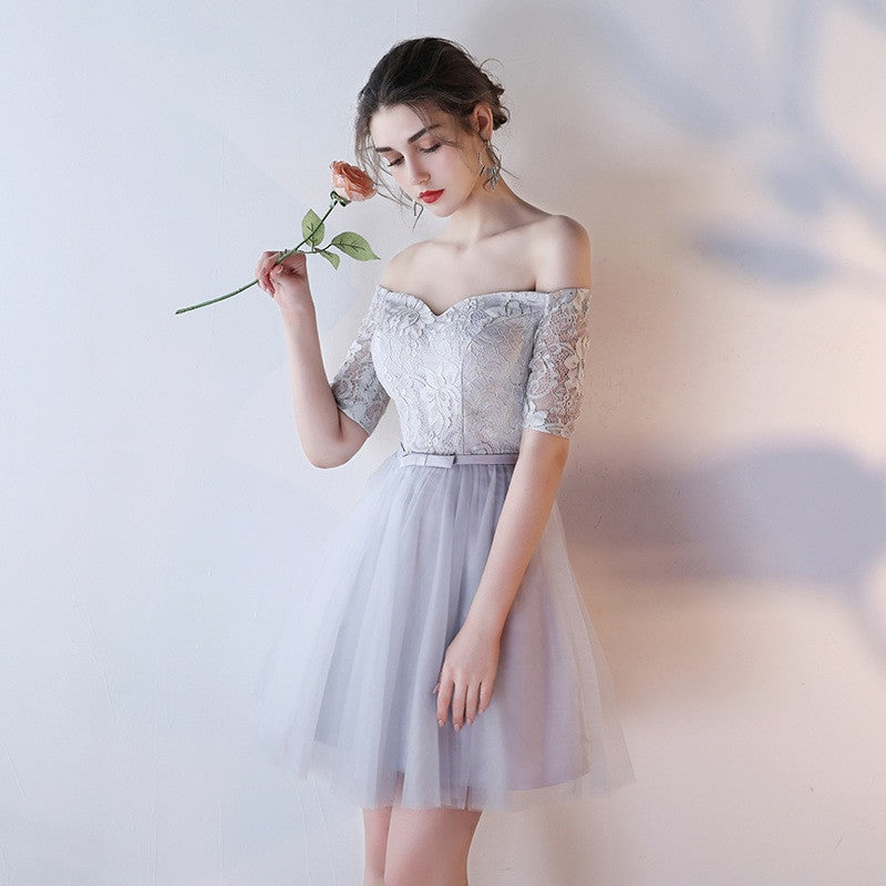 Homecoming Dress Silver Short Sleeve Lace Short Prom Dress Party Dress Homecoming Dress BabaMila