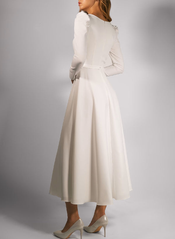A-Line/Princess Square Tea-Length Wedding Dress With Belt BabaMila