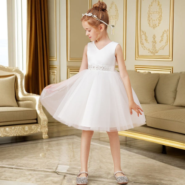 A-line V-Neck Knee-Length Satin/Tulle Ivory Flower Girl Dress With Bead Belt Gidiondress Ivory 12M