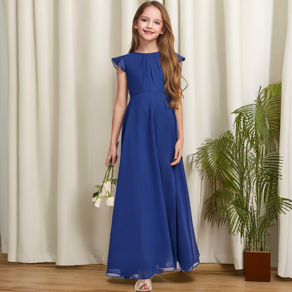 A-Line Boat Neck Flutter Straps Chiffon Floor length Junior Bridesmaid Dress/Girls Birthday Dresses With Pleated Girls Gidiondress Royal Blue 12M