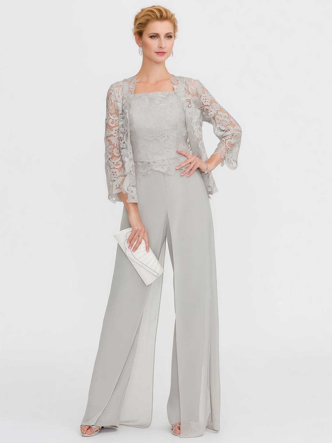 Pantsuits Square Neck Long Sleeve Floor-Length Lace/Chiffon Mother of the Bride Dress With Jacket BabaMila