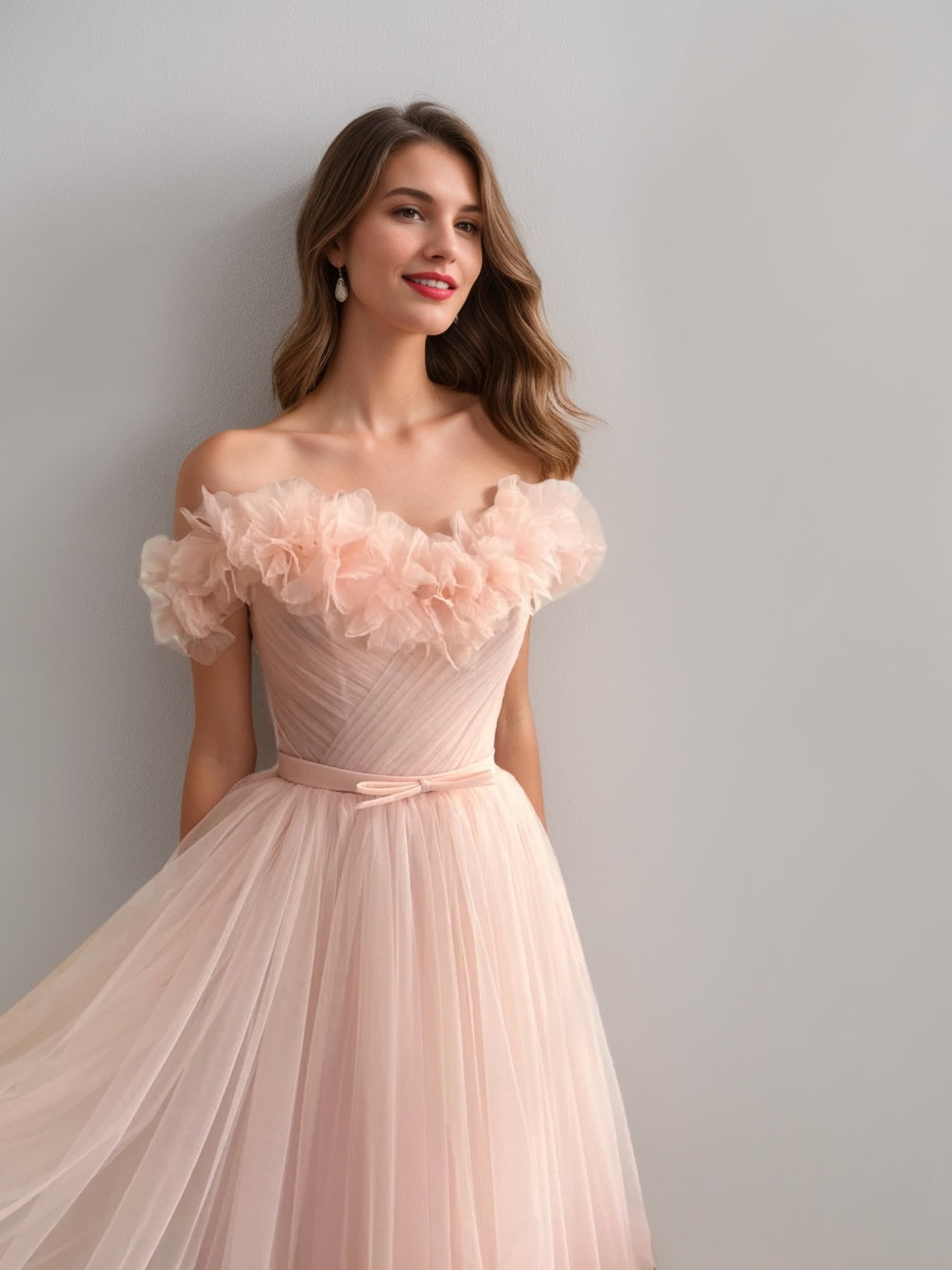 A-Line/Princess Sweetheart Off-the-Shoulder Ankle-Length Prom Dress with 3D Flower/Pleated/Belt BabaMila