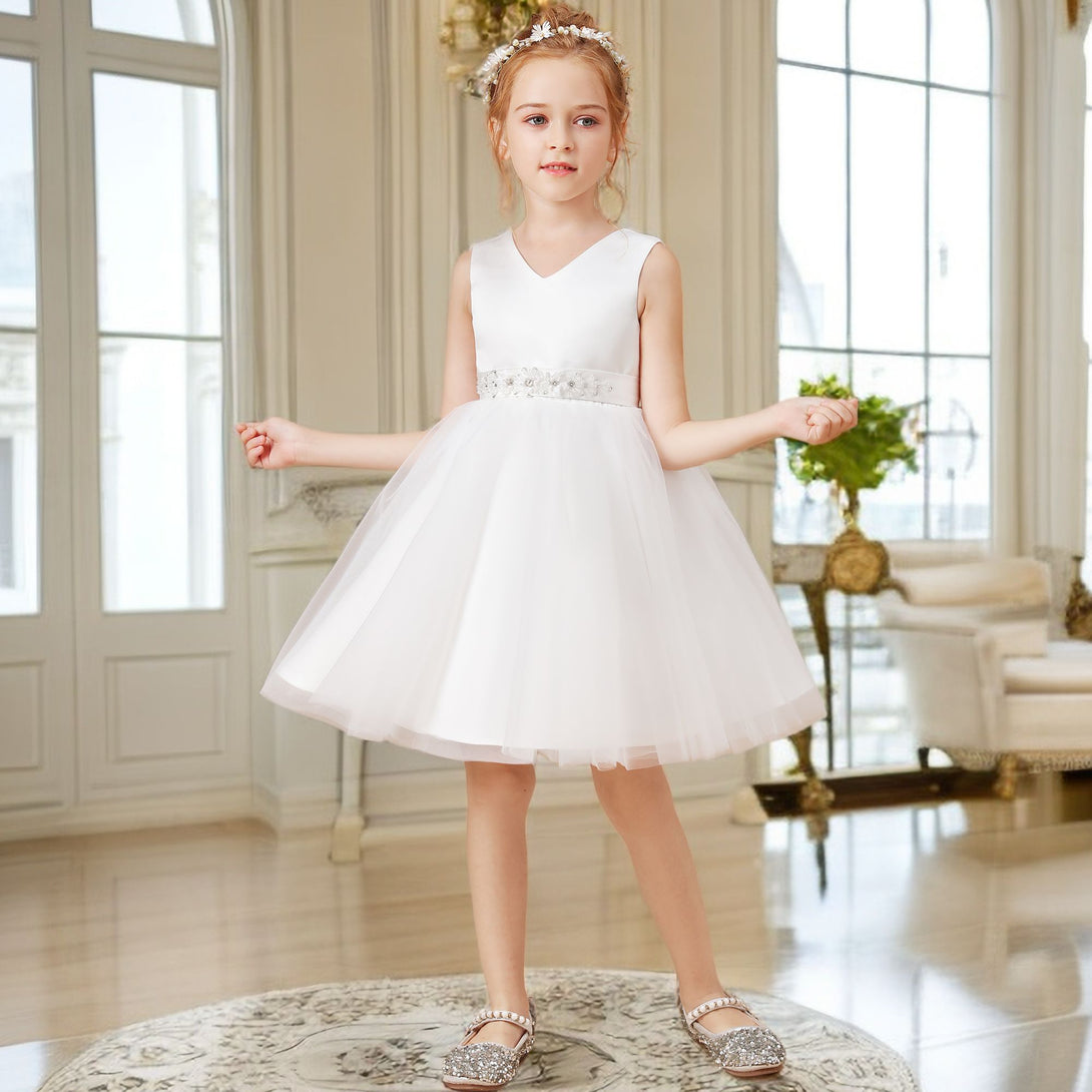 A-line V-Neck Knee-Length Satin/Tulle Ivory Flower Girl Dress With Bead Belt Gidiondress