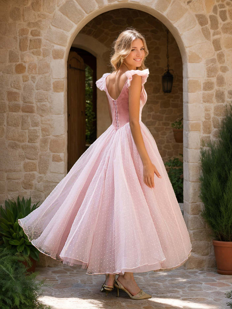 A-Line/Princess U-Neck Sleeveless Luxurious Retro Wedding Guest Dress with Ruffles & Dot BabaMila