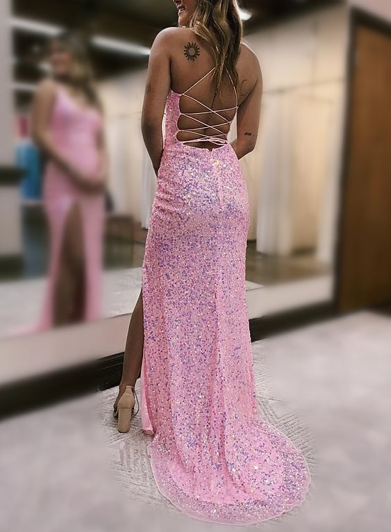 Sheath/Column Spaghetti Straps Floor-length Prom Dresses With Sequins/Split Side BabaMila