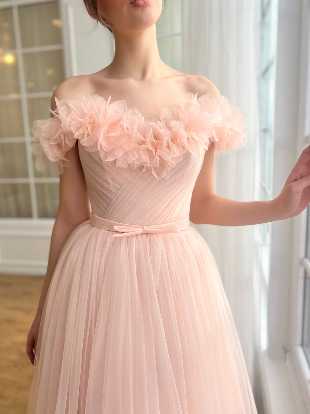 A-Line/Princess Sweetheart Off-the-Shoulder Ankle-Length Prom Dress with 3D Flower/Pleated/Belt BabaMila