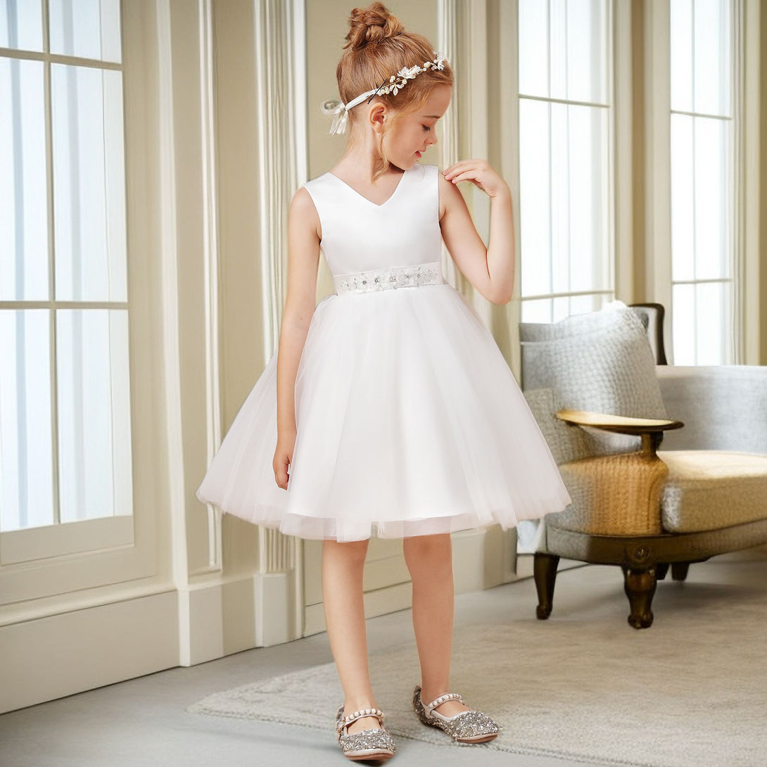 A-line V-Neck Knee-Length Satin/Tulle Ivory Flower Girl Dress With Bead Belt Gidiondress