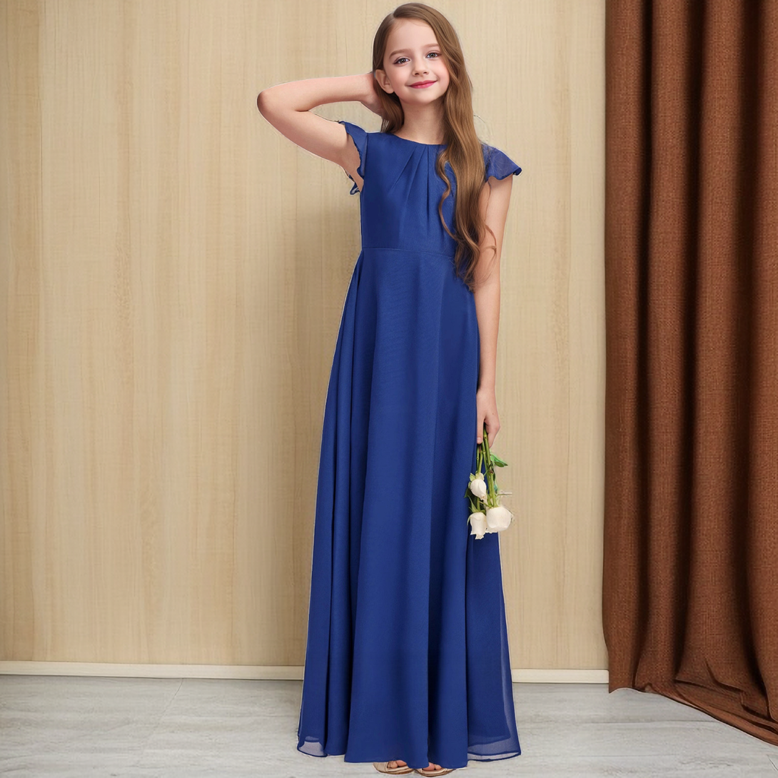 A-Line Boat Neck Flutter Straps Chiffon Floor length Junior Bridesmaid Dress/Girls Birthday Dresses With Pleated Girls Gidiondress