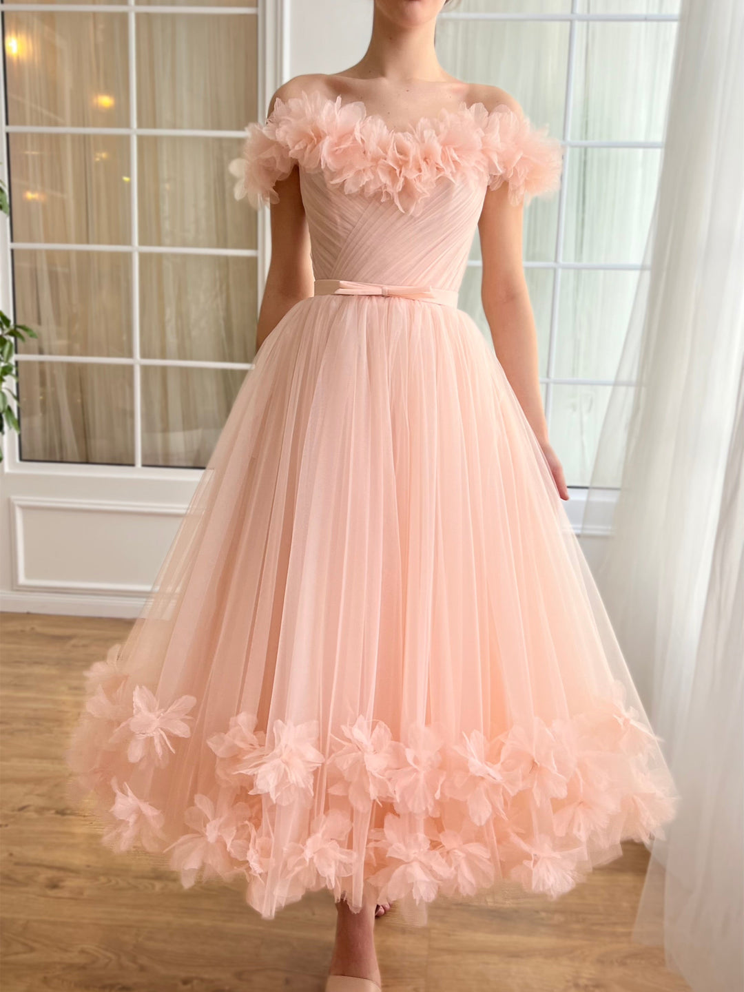 A-Line/Princess Sweetheart Off-the-Shoulder Ankle-Length Prom Dress with 3D Flower/Pleated/Belt BabaMila