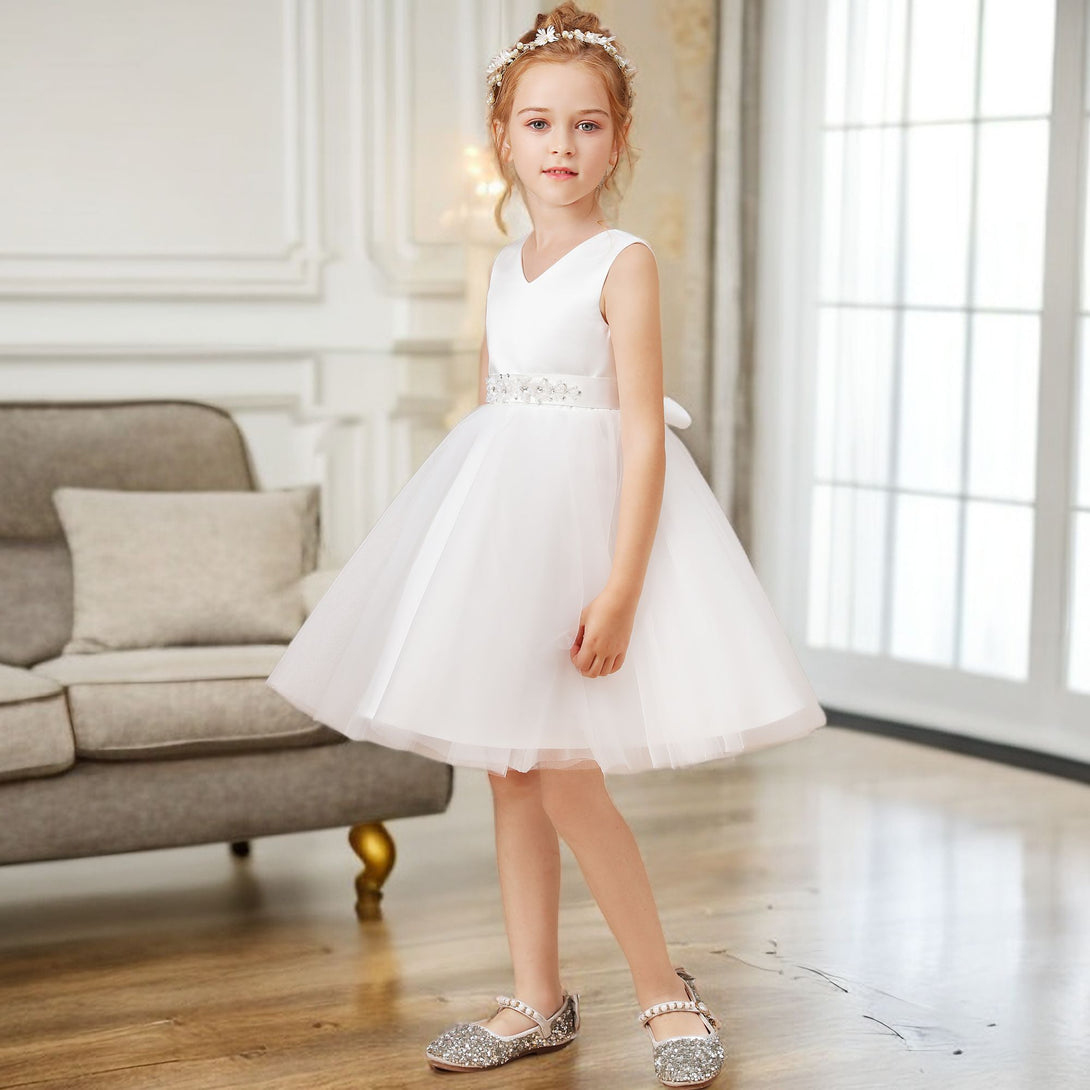 A-line V-Neck Knee-Length Satin/Tulle Ivory Flower Girl Dress With Bead Belt Gidiondress