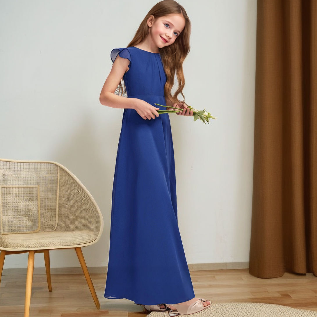 A-Line Boat Neck Flutter Straps Chiffon Floor length Junior Bridesmaid Dress/Girls Birthday Dresses With Pleated Girls Gidiondress
