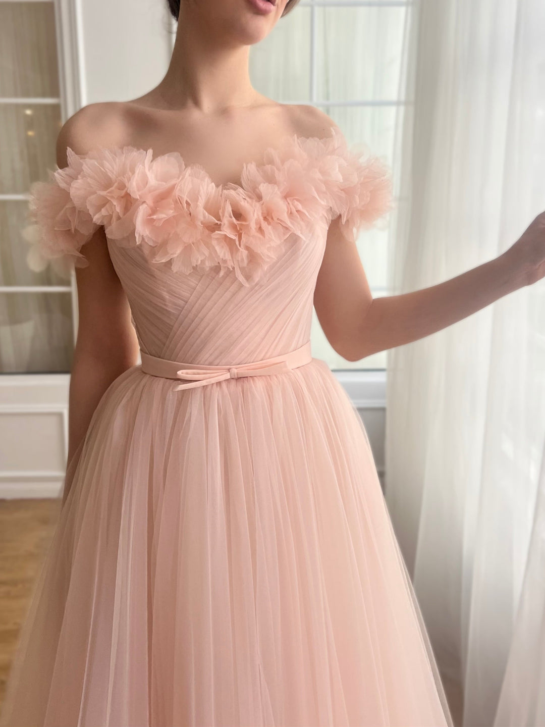 A-Line/Princess Sweetheart Off-the-Shoulder Ankle-Length Prom Dress with 3D Flower/Pleated/Belt BabaMila