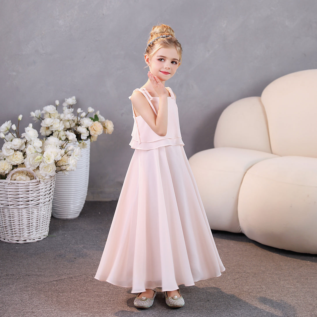 Girls Birthday Dresses Square Neck Spaghetti Straps Chiffon Floor-Length Junior Bridesmaid Dress/Party Dresses Gidiondress