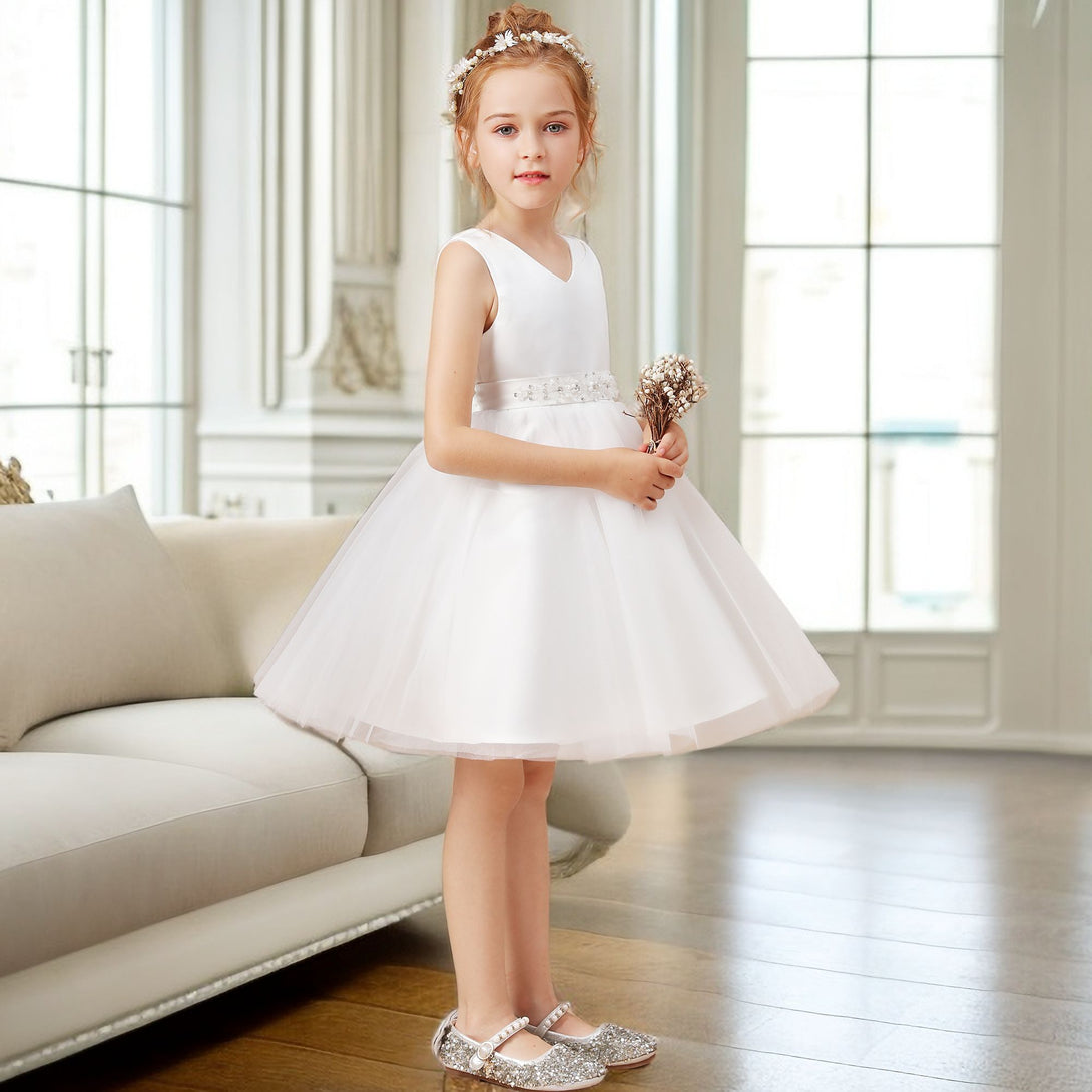 A-line V-Neck Knee-Length Satin/Tulle Ivory Flower Girl Dress With Bead Belt Gidiondress