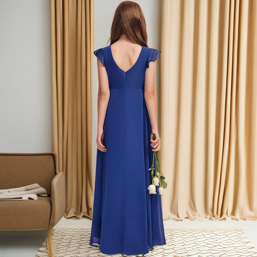A-Line Boat Neck Flutter Straps Chiffon Floor length Junior Bridesmaid Dress/Girls Birthday Dresses With Pleated Girls Gidiondress