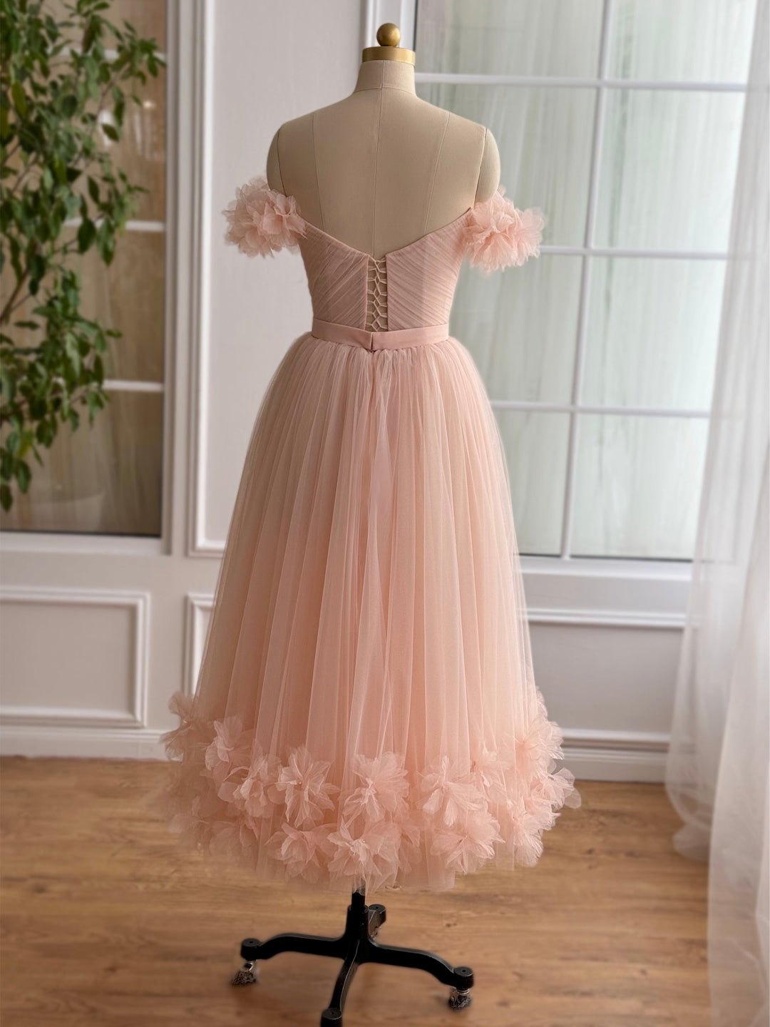 A-Line/Princess Sweetheart Off-the-Shoulder Ankle-Length Prom Dress with 3D Flower/Pleated/Belt BabaMila
