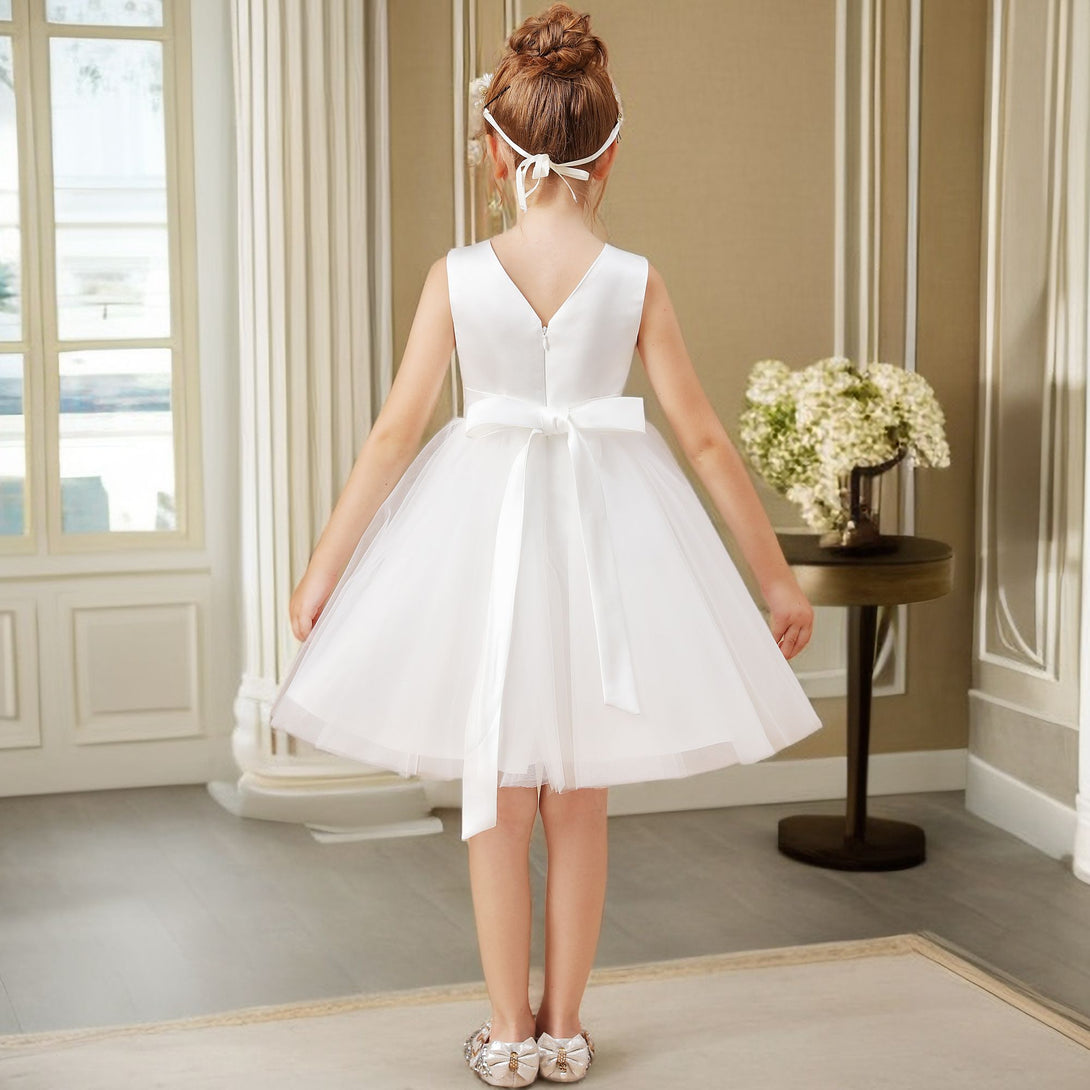 A-line V-Neck Knee-Length Satin/Tulle Ivory Flower Girl Dress With Bead Belt Gidiondress