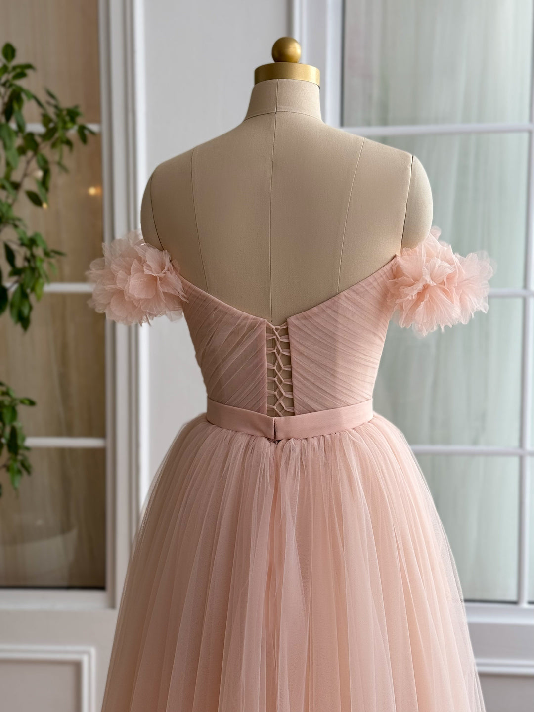 A-Line/Princess Sweetheart Off-the-Shoulder Ankle-Length Prom Dress with 3D Flower/Pleated/Belt BabaMila