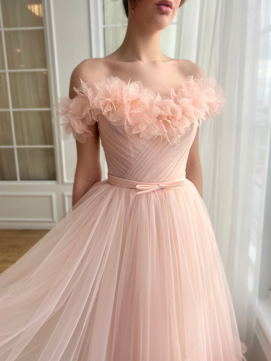 A-Line/Princess Sweetheart Off-the-Shoulder Ankle-Length Prom Dress with 3D Flower/Pleated/Belt BabaMila