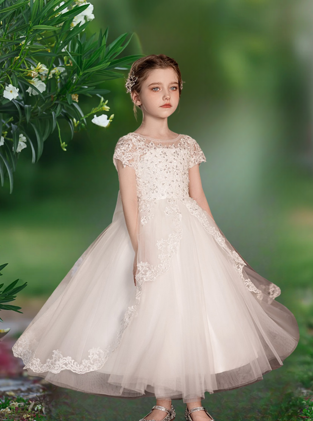 First Communion Dresses Boat Neck Short Sleeve Floor-Length Satin/Sequins/Lace/Tulle Flower Girl Dresses With Bow Girls Gidiondress