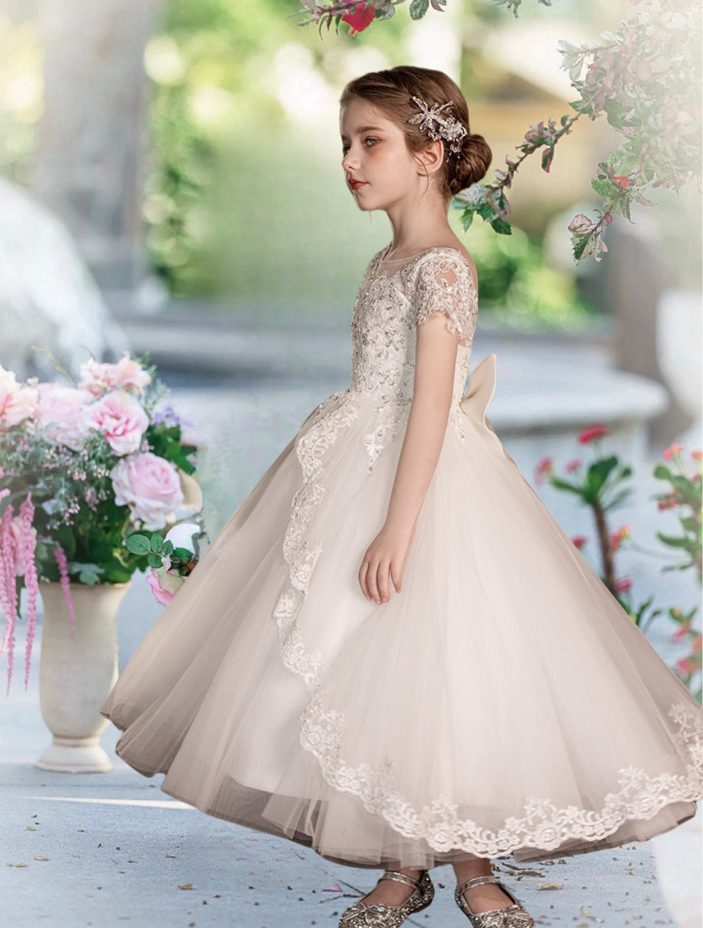 First Communion Dresses Boat Neck Short Sleeve Floor-Length Satin/Sequins/Lace/Tulle Flower Girl Dresses With Bow Girls Gidiondress