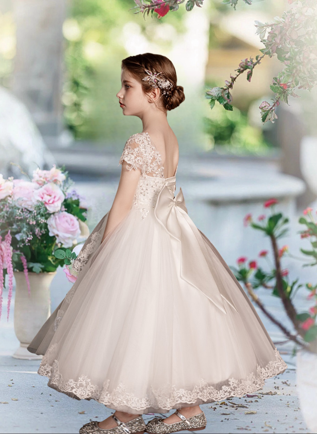First Communion Dresses Boat Neck Short Sleeve Floor-Length Satin/Sequins/Lace/Tulle Flower Girl Dresses With Bow Girls Gidiondress