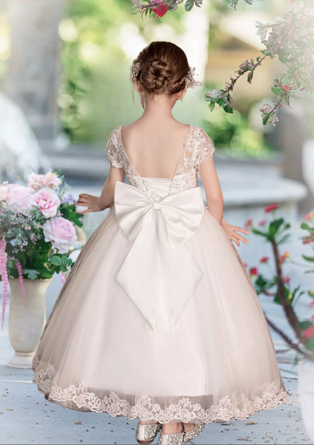 First Communion Dresses Boat Neck Short Sleeve Floor-Length Satin/Sequins/Lace/Tulle Flower Girl Dresses With Bow Girls Gidiondress