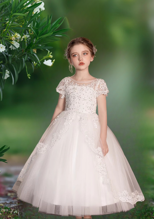 First Communion Dresses Boat Neck Short Sleeve Floor-Length Satin/Sequins/Lace/Tulle Flower Girl Dresses With Bow Girls Gidiondress