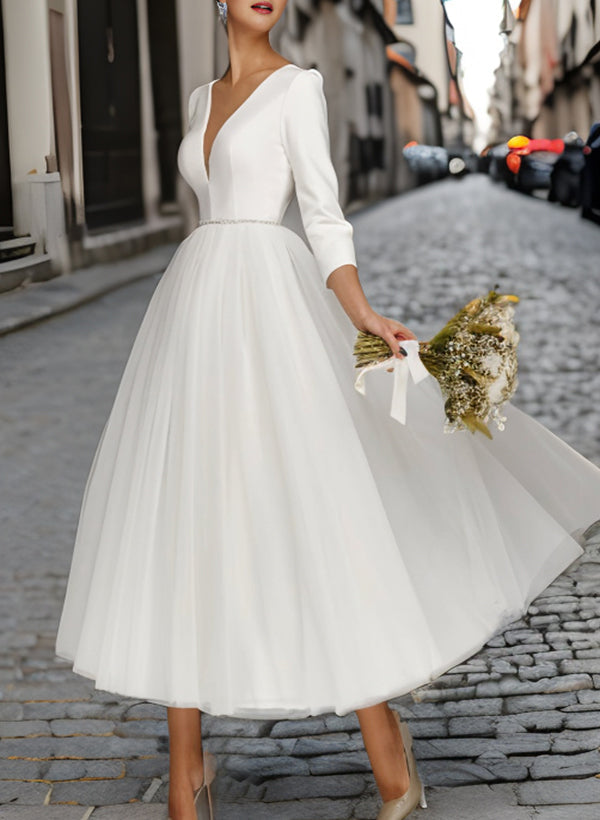 A-Line/Princess V-Neck Tea-Length Wedding Dress With Beads Belt BabaMila