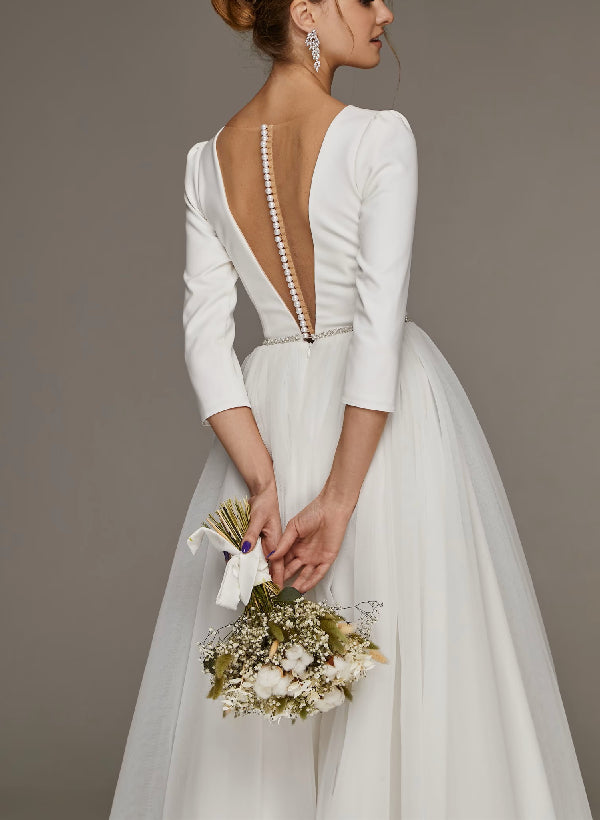A-Line/Princess V-Neck Tea-Length Wedding Dress With Beads Belt BabaMila