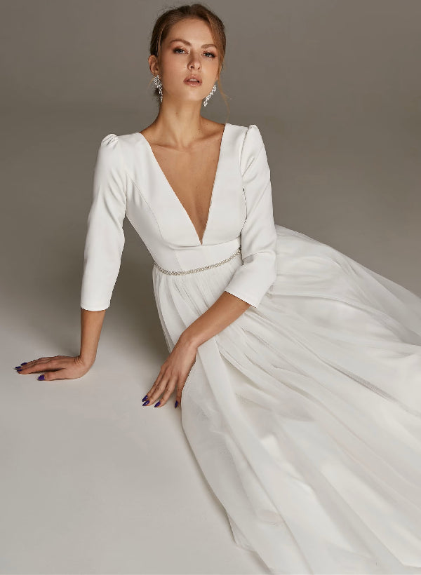 A-Line/Princess V-Neck Tea-Length Wedding Dress With Beads Belt BabaMila