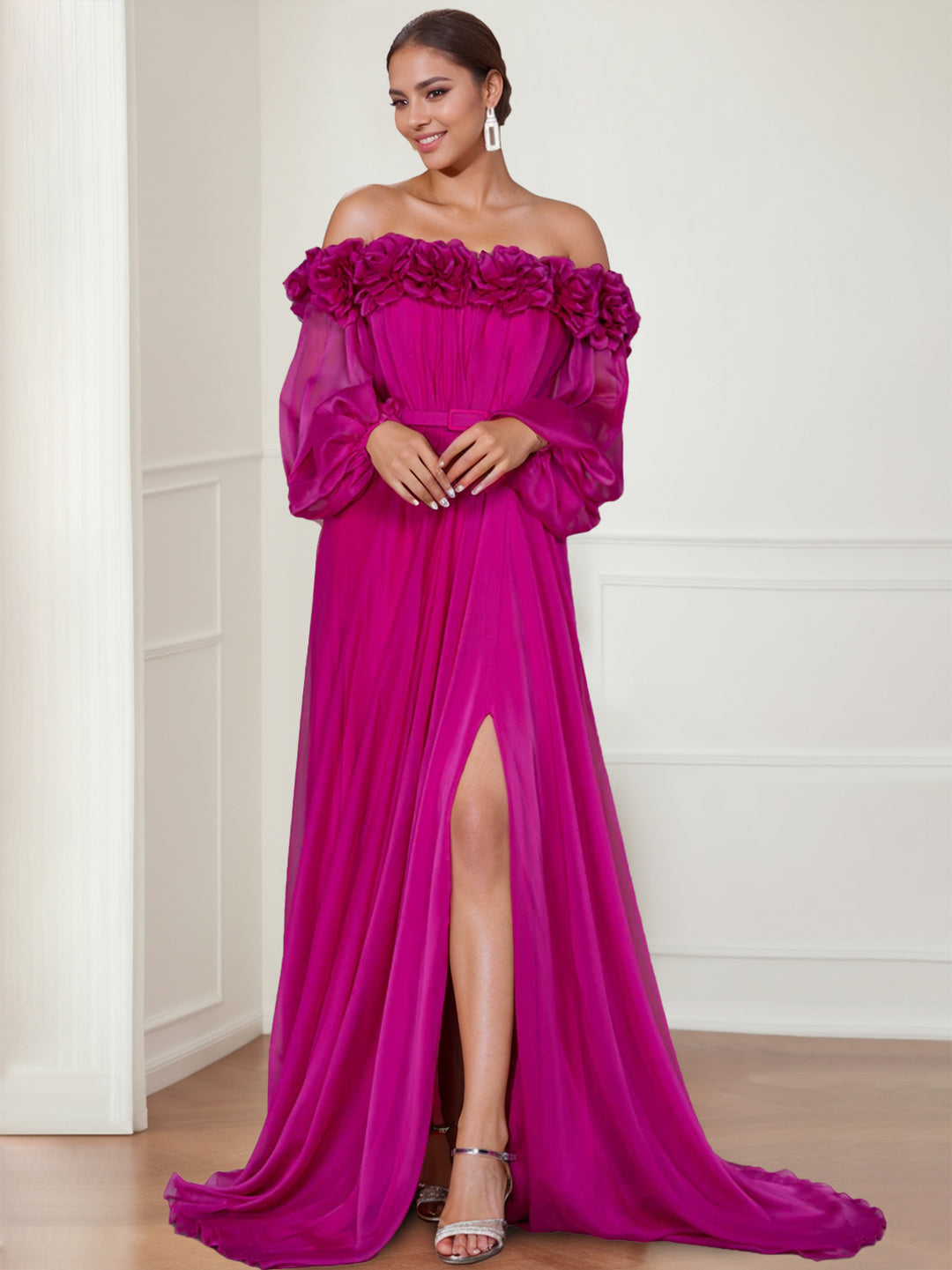 A-Line/Princess Off-the-shoulder Long Sleeves Evening Dresses with Split Side/Flower BabaMila