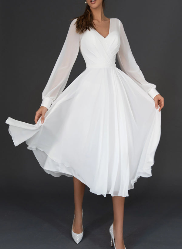 A-Line/Princess V-Neck Tea-Length Pleated Wedding Dress With Ruffles BabaMila