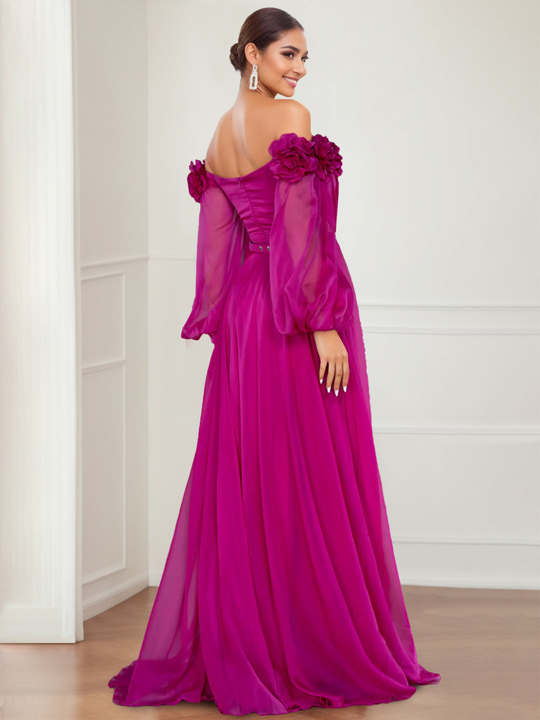 A-Line/Princess Off-the-shoulder Long Sleeves Evening Dresses with Split Side/Flower BabaMila