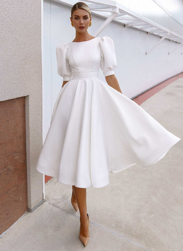 A-Line/Princess Scoop Knee-Length Short Sleeves Wedding Dress With Button BabaMila