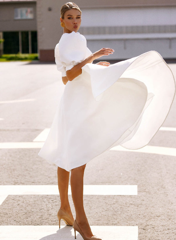 A-Line/Princess Scoop Knee-Length Short Sleeves Wedding Dress With Button BabaMila