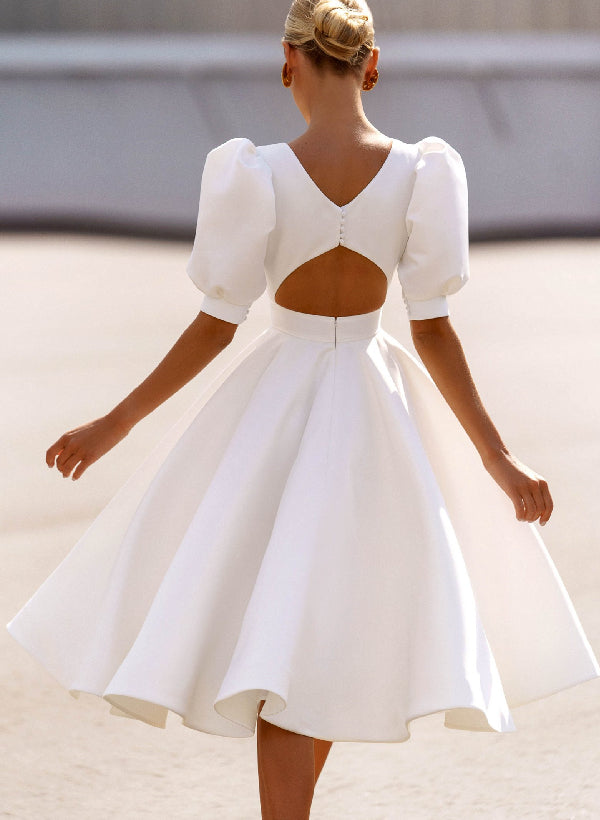 A-Line/Princess Scoop Knee-Length Short Sleeves Wedding Dress With Button BabaMila